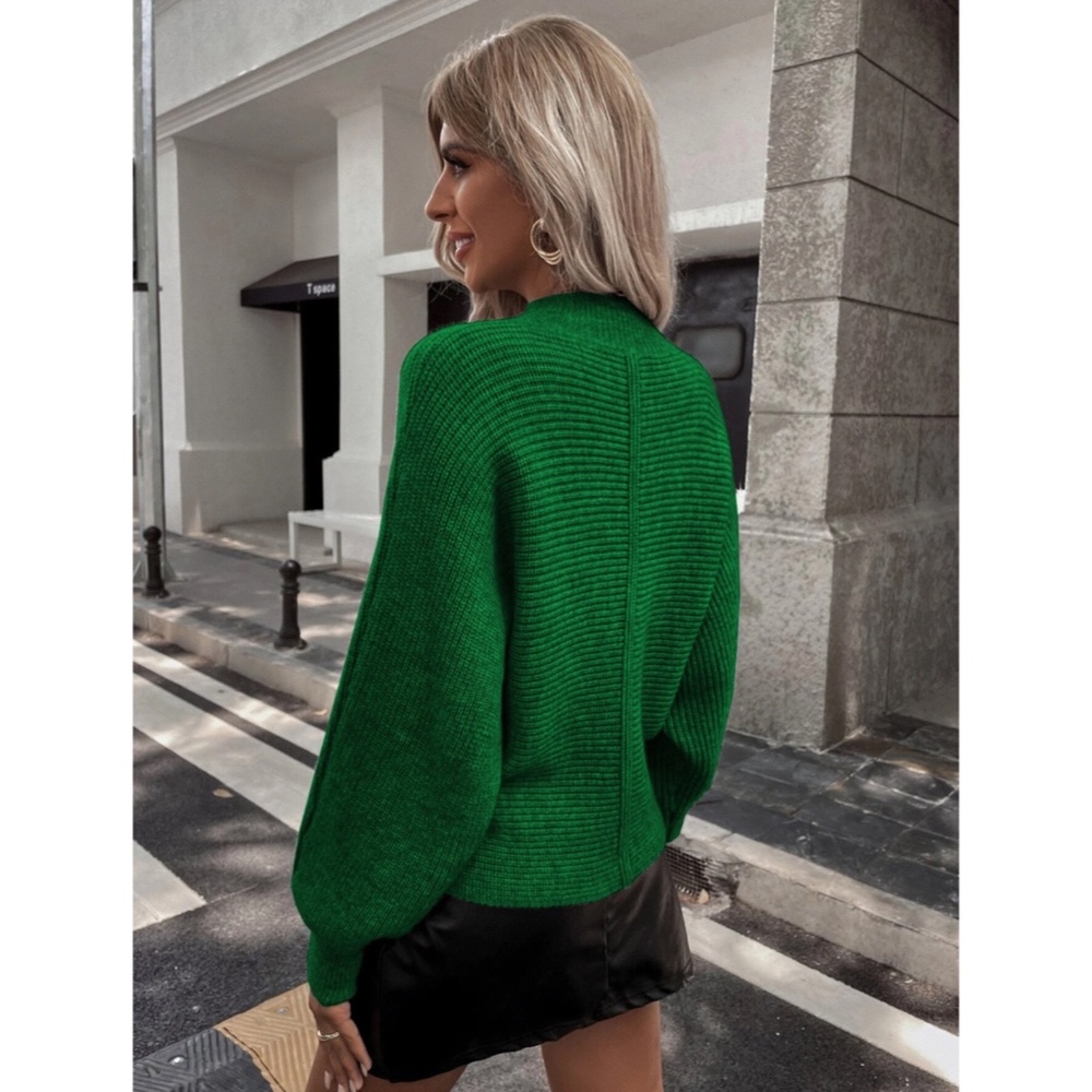 Cable Knit Green Oversized Sweater Round Neck Long Lantern Sleeves - Picture 2 of 8